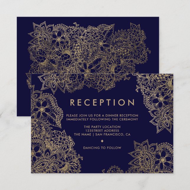 Elegant Floral gold navy blue reception wedding Invitation (Front/Back)