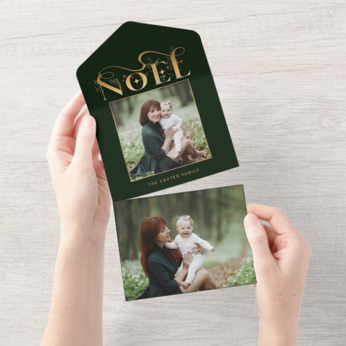 Elegant Floral Gold Noel Typography Photo All In One Invitation