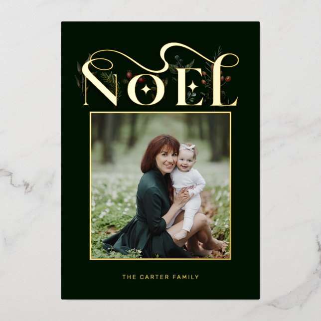 Elegant Floral Gold Noel Typography Photo Foil Holiday Card (Front)