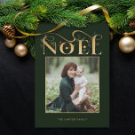 Elegant Floral Gold Noel Typography Photo Holiday Card<br><div class="desc">Elegant statement holiday greeting card design featuring unique custom "Noel" text in faux hammered gold texture embellished with holiday botanicals with gold-bordered photo template and editable text fields on dark forest green background.</div>