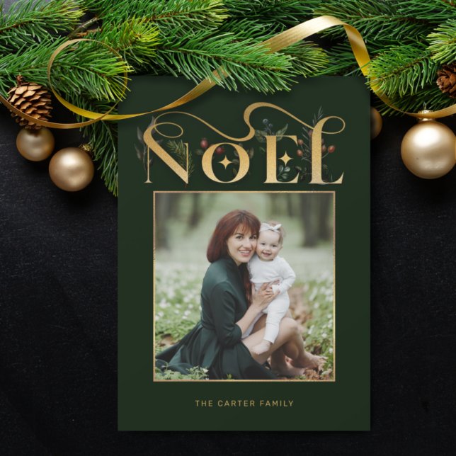 Elegant Floral Gold Noel Typography Photo Holiday Card (Creator Uploaded)