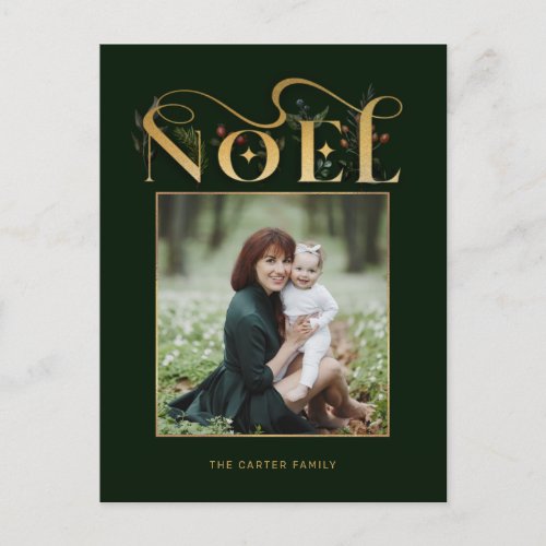Elegant Floral Gold Noel Typography Photo Holiday Postcard