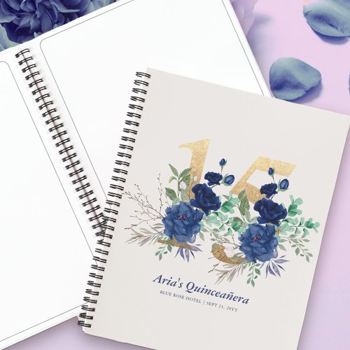 Elegant Floral Gold Number 15 Blue Guestbook Notebook