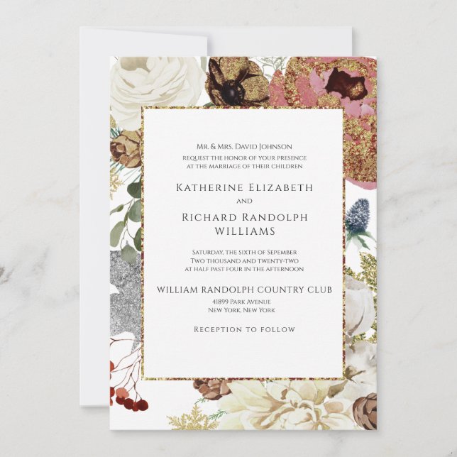 Elegant Floral & Gold One Venue Wedding Invitation (Front)