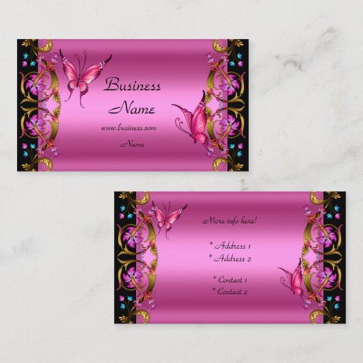 Customizable Elegant Floral Gold Pink Black Butterfly Business Card Template