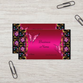 Elegant Floral Gold Pink  Black Butterfly Business Card by Zizzago at Zazzle