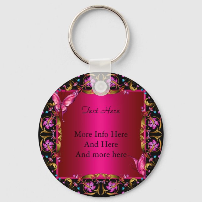 Elegant Floral Gold Pink Black Butterfly Keychain (Front)