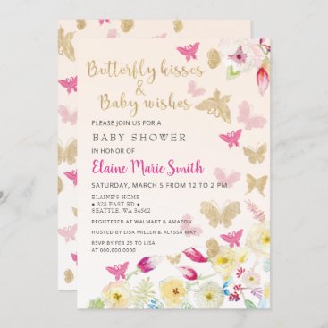 Elegant Floral Gold Pink Butterflies Baby Shower  Invitation