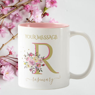 Elegant Floral Gold Pink Custom Monogram Name     Two-Tone Coffee Mug