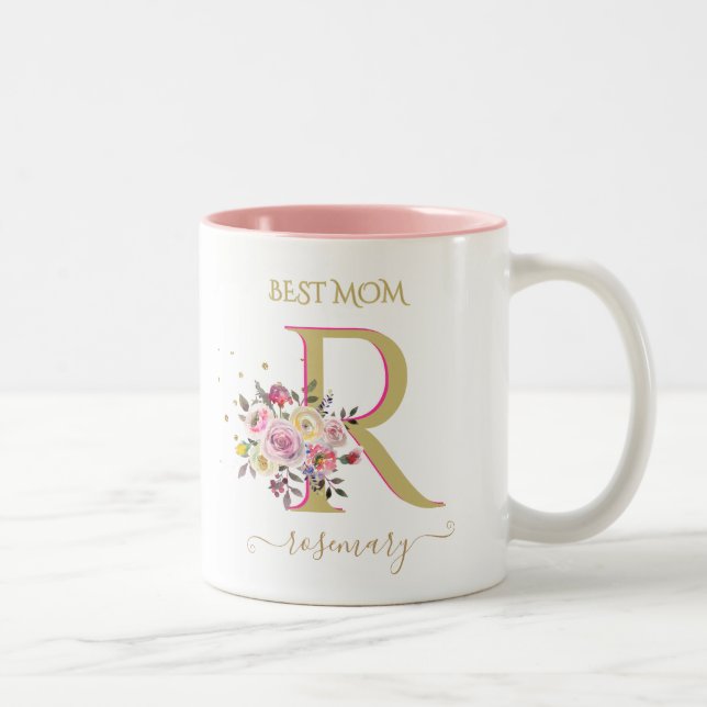 Elegant Floral Gold Pink Custom Monogram Name     Two-Tone Coffee Mug (Right)