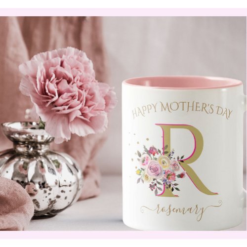 Elegant Floral Gold Pink YOUR Monogram Name     Two_Tone Coffee Mug