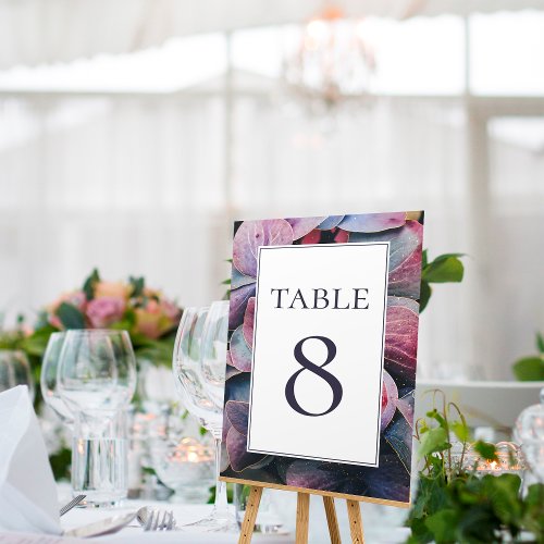 Elegant Floral Gold Purple Hydrangeas Wedding Table Number