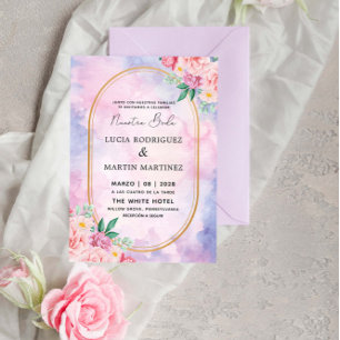 Elegant Floral Gold Purple Watercolor Nuestra Boda Invitation