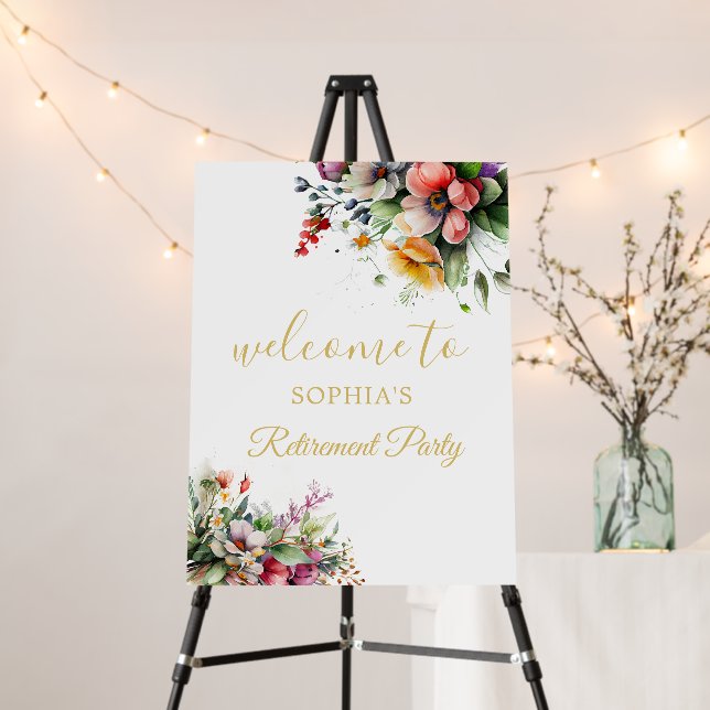 Elegant Floral Gold Retirement Party Welcome Foam Board (In Situ (Stand))