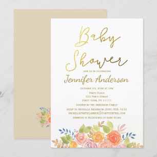 Elegant Floral Gold Rose Watercolor Baby Shower Invitation