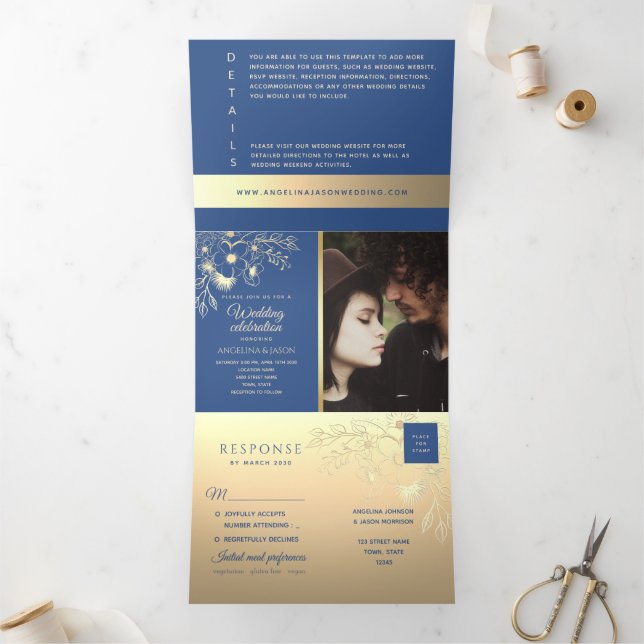 Elegant Floral Gold Royal Blue Wedding Tri-Fold Invitation (Inside)