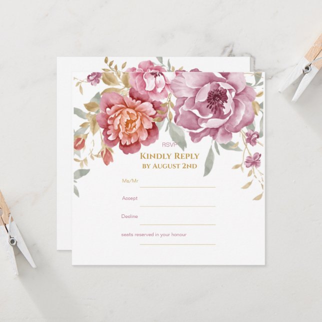 Elegant Floral & Gold RSVP Card (Front/Back In Situ)