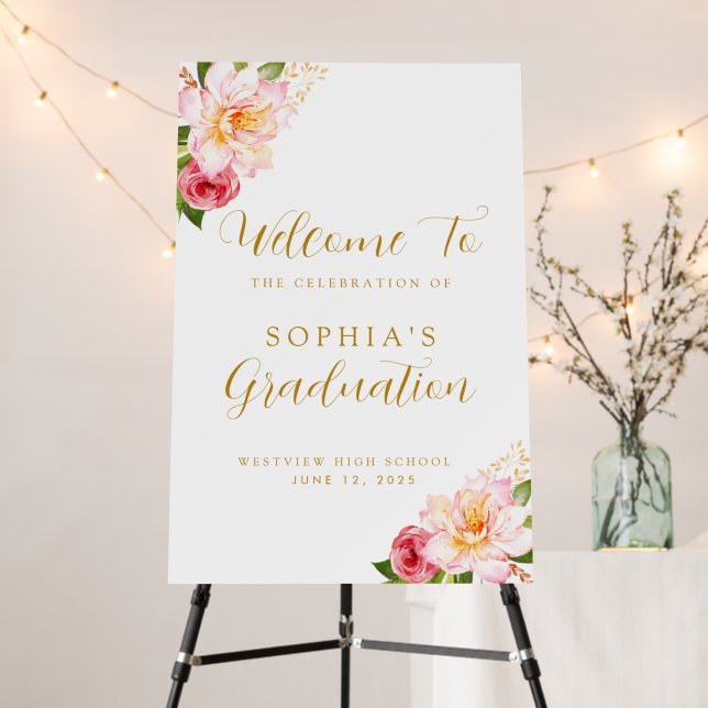 Elegant Floral Gold Script Grad Party Welcome Sign (In Situ (Stand))