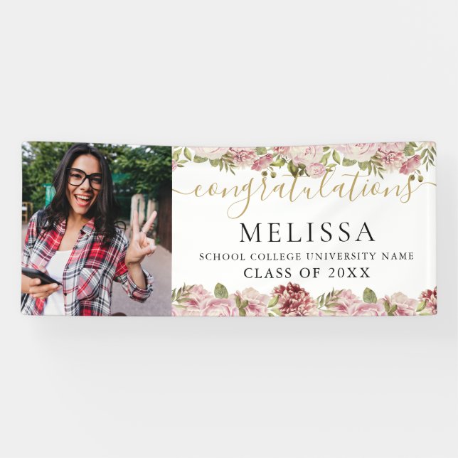 Elegant Floral Gold Script Photo Graduation Banner (Horizontal)