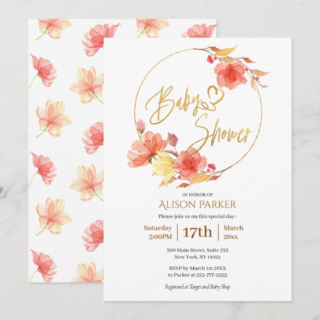 Elegant Floral Gold Script Watercolor Baby Shower Invitation (Front/Back)
