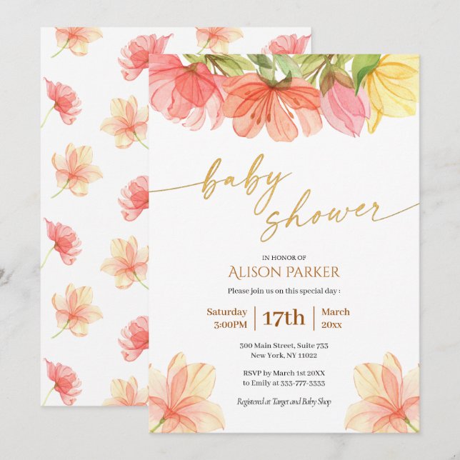 Elegant Floral Gold Script Watercolor Greenery Invitation (Front/Back)