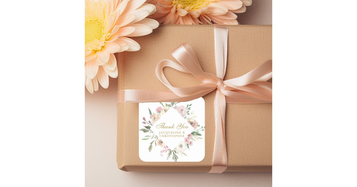 Elegant Floral Gold Script Wedding Thank You Square Sticker | Zazzle