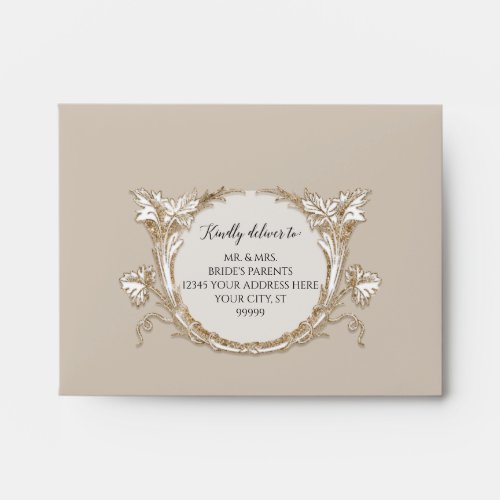 Elegant Floral Gold Taupe Rose Wedding RSVP Envelope