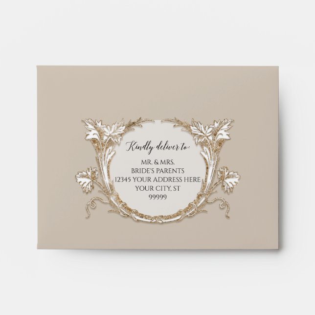 Elegant Floral Gold Taupe Rose Wedding RSVP Envelope (Front)