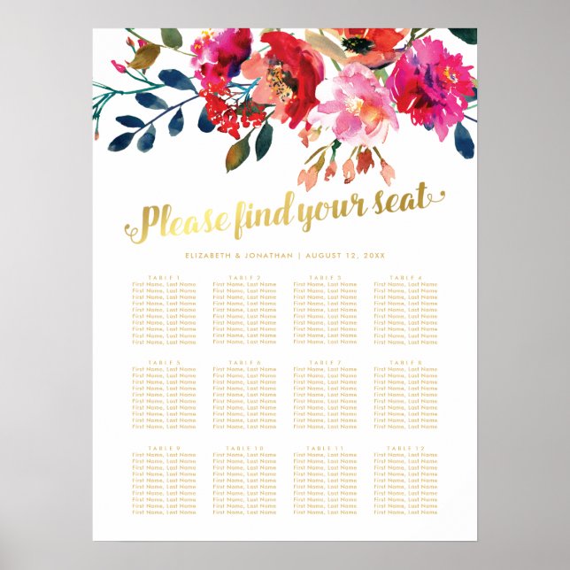 Elegant Floral Gold Wedding 12 Table Seating Chart (Front)