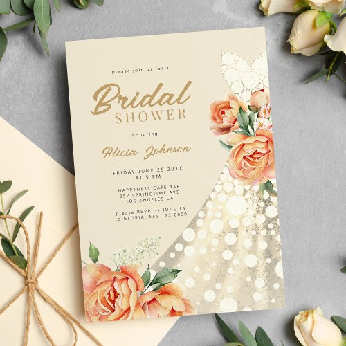 Elegant floral gold wedding dress bridal shower invitation