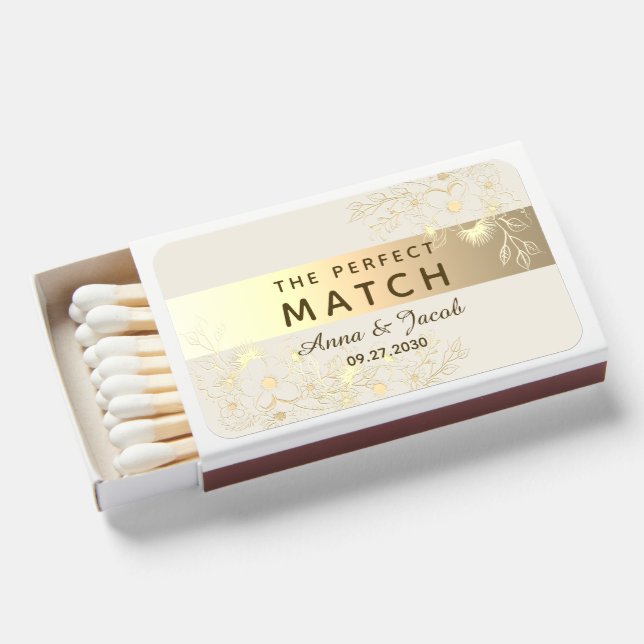 Elegant Floral Gold Wedding Favor Matchboxes (Front Open)