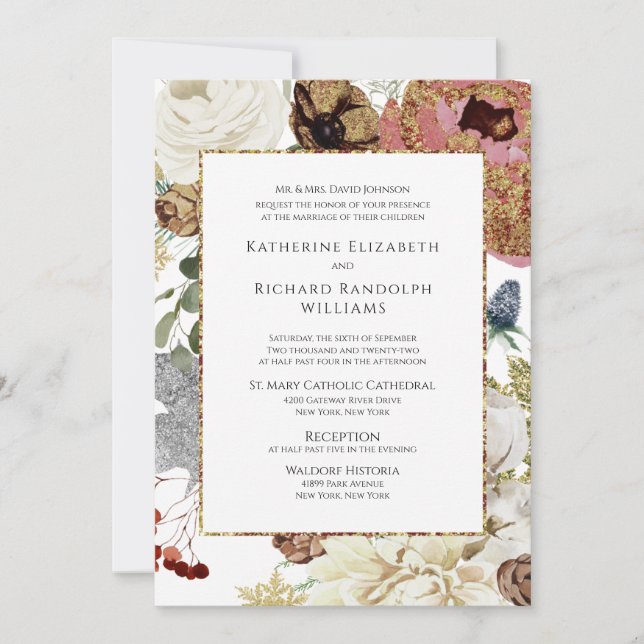 Elegant Floral & Gold Wedding Invitation (Front)