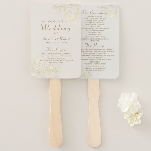 Elegant Floral Gold Wedding Program Hand Fan