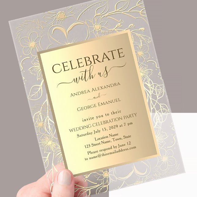 Elegant Floral Gold Wedding Reception Acrylic Invitations (Creator Uploaded)