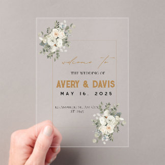 Elegant Floral Gold Wedding Welcome Sign Acrylic Invitations