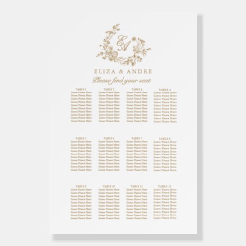 Elegant Floral Gold White Wedding Seating Chart Foam Board