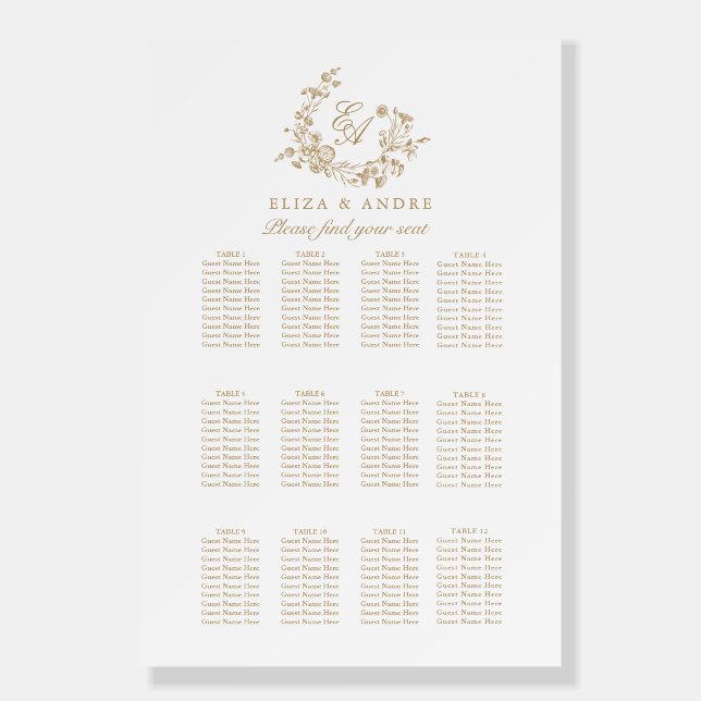 Elegant Floral Gold White Wedding Seating Chart Foam Board (Front)