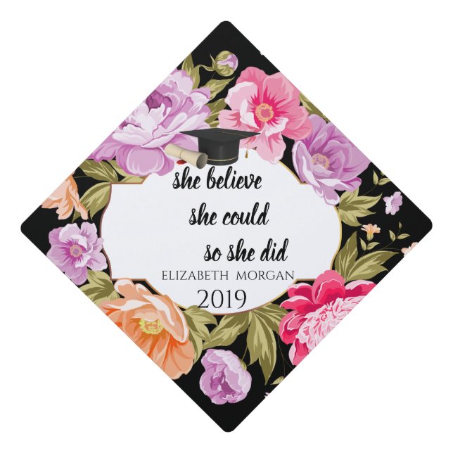 Elegant Floral Graduate Cap - Motivational Message (Front)