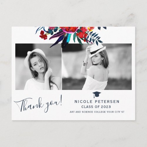 Elegant floral graduate photo graduation thank you postcard