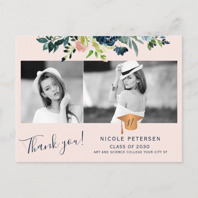 Elegant floral graduate photo graduation thank you postcard (Front)