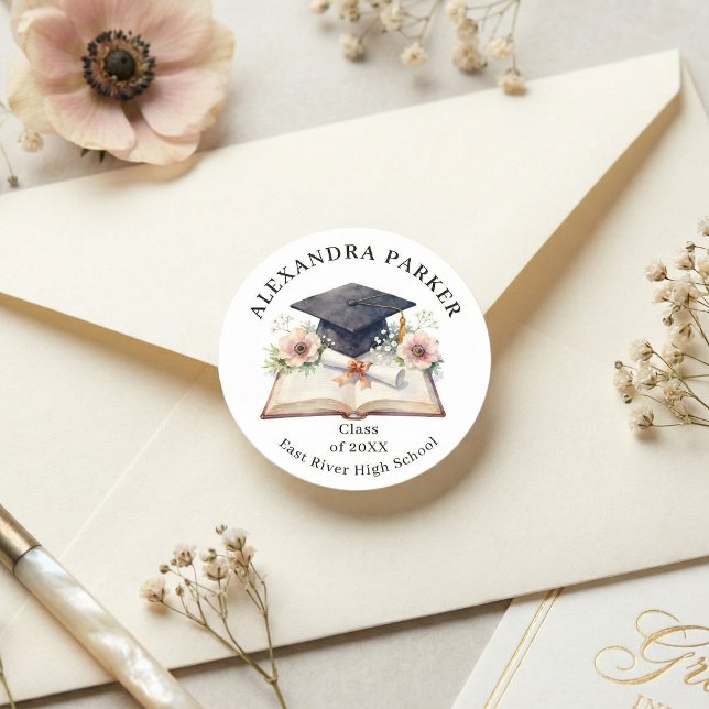 Elegant Floral Graduation Cap Open Book Diploma Classic Round Sticker (Creator Uploaded)