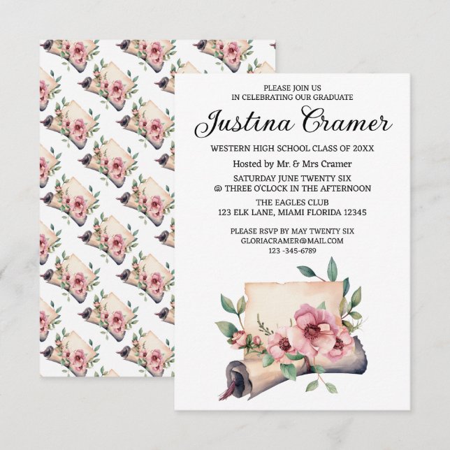 Elegant Floral Graduation Invitation (Front/Back)
