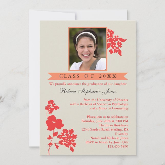 Elegant Floral Graduation Photo Invitation Coral/I (Front)