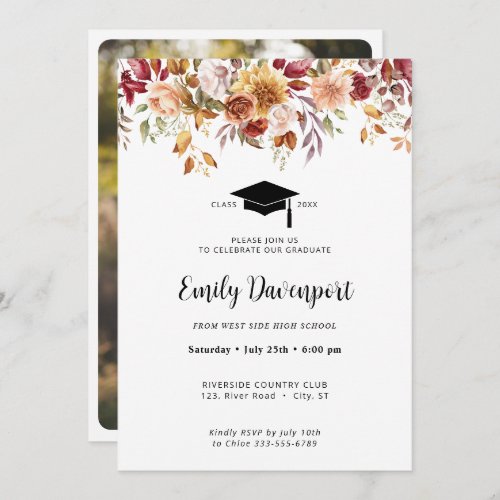 Elegant Floral Graduation photo on back  Invitation