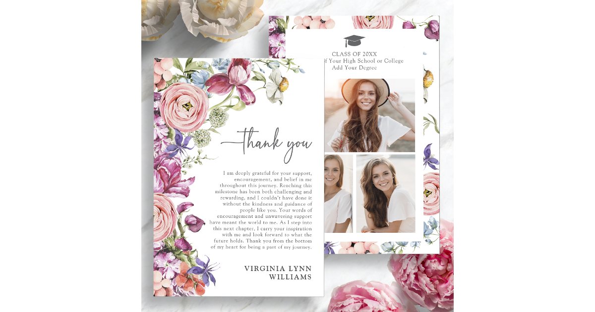 Elegant Floral Graduation Photo Thank You Card | Zazzle