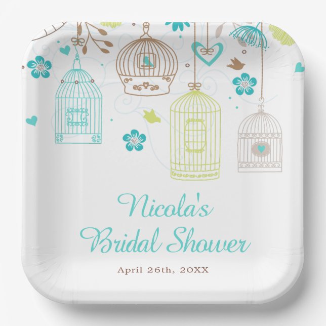 Elegant Floral Green and Blue Bridal Shower Paper Plates (Front)