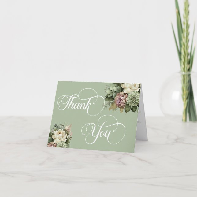Elegant Floral Green and White Wedding RSVP Thank You Card (Front)