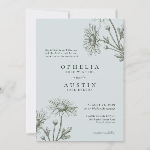 Elegant Floral Green Daisy Sketch Wedding Invitati Invitation