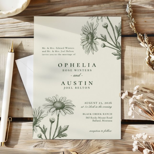 Elegant Floral Green Daisy Sketch Wedding Invitation (Creator Uploaded)