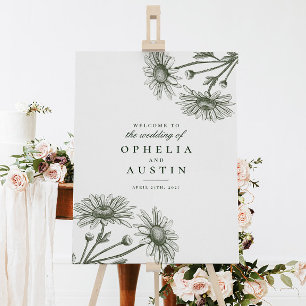 Elegant Floral Green Daisy Sketch Wedding Sign